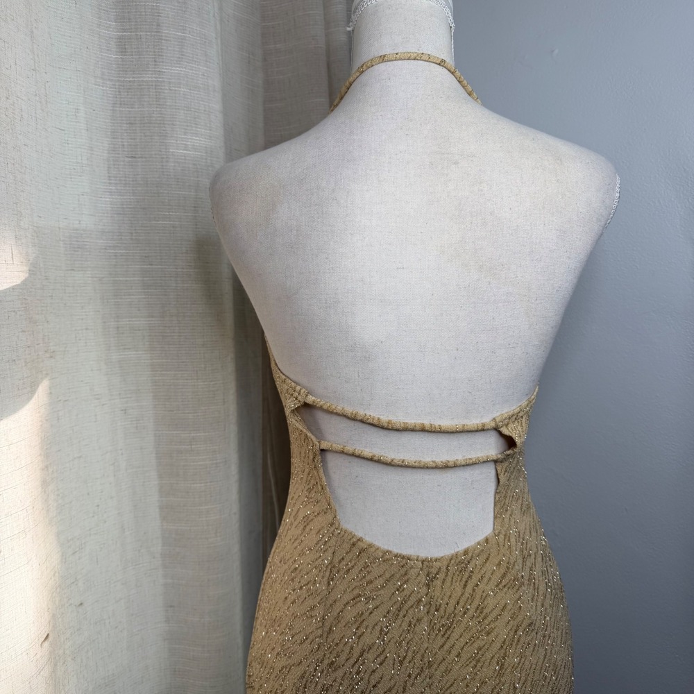 Y2K Vintage Jump Gown Cowl Neck Open Back Halter Gold Glitter Dress 11/12 - Picture 6 of 11